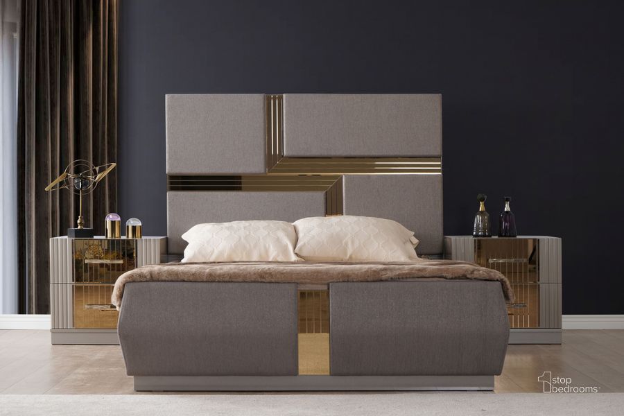 The appearance of Lorenzo Gold Detailed Tufted Upholstery King Bed In Gray designed by Galaxy Home Furnishings in the modern / contemporary interior design. This gray piece of furniture  was selected by 1StopBedrooms from Lorenzo Collection to add a touch of cosiness and style into your home. Sku: 698781135501. Material: Wood. Product Type: Bed. Bed Size: King. Image1