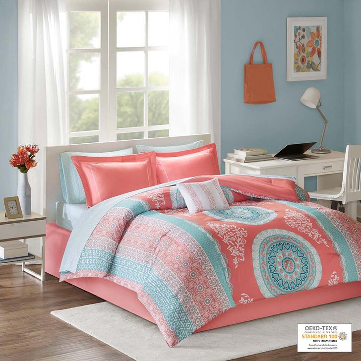 The appearance of Loretta Polyester Microfiber Printed 7 Piece Comforter With Twin XL Sheet Set In Coral designed by Olliix in the modern / contemporary interior design. This coral piece of furniture  was selected by 1StopBedrooms from Loretta Collection to add a touch of cosiness and style into your home. Sku: ID10-1217. Material: Polyester. Product Type: Comforter Set. Bed Size: Twin XL. Image1