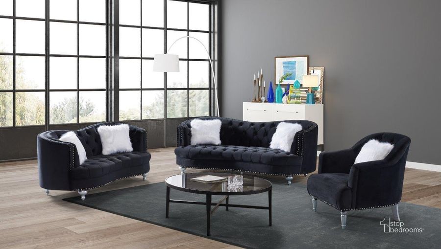The appearance of Lori Black Velvet Tuxedo Arm Living Room   Set designed by Premier Home in the modern / contemporary interior design. This black piece of furniture  was selected by 1StopBedrooms from Lori Collection to add a touch of cosiness and style into your home. Sku: FS372-BK-LO;FS372-BK-SO. Product Type: Living Room Set. Material: Velvet. Image1