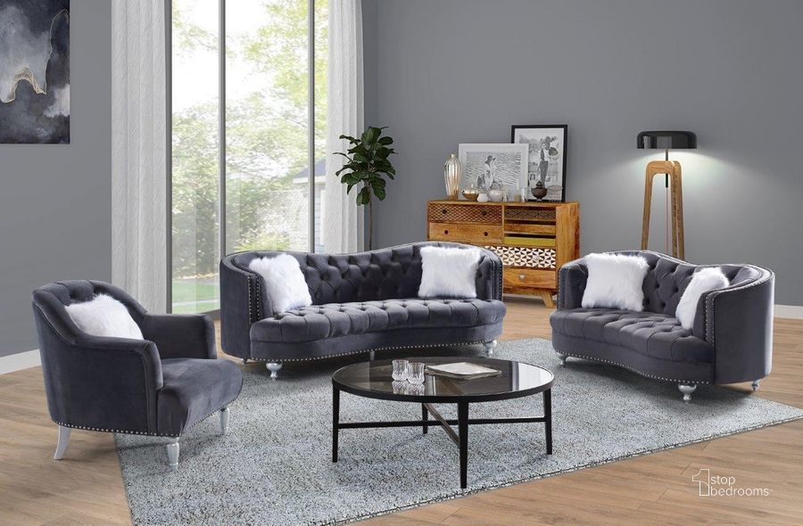 The appearance of Lori Grey Velvet Tuxedo Arm Living Room Set designed by Premier Home in the modern / contemporary interior design. This grey piece of furniture  was selected by 1StopBedrooms from Lori Collection to add a touch of cosiness and style into your home. Sku: FS372-GR-SO;FS372-GR-LO. Product Type: Living Room Set. Material: Velvet. Image1
