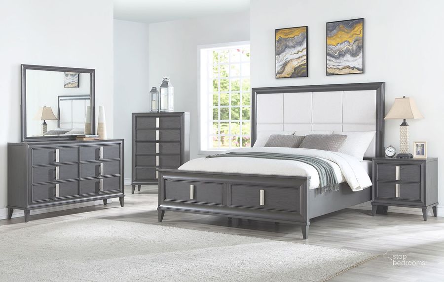 The appearance of Lorraine Dark Grey Upholstered Storage Platform Bedroom Set designed by Alpine in the transitional interior design. This gray piece of furniture  was selected by 1StopBedrooms from Lorraine Collection to add a touch of cosiness and style into your home. Sku: 8171-01Q;8171-02. Bed Type: Storage Bed. Product Type: Storage Bed. Bed Size: Queen. Material: Pine. Image1