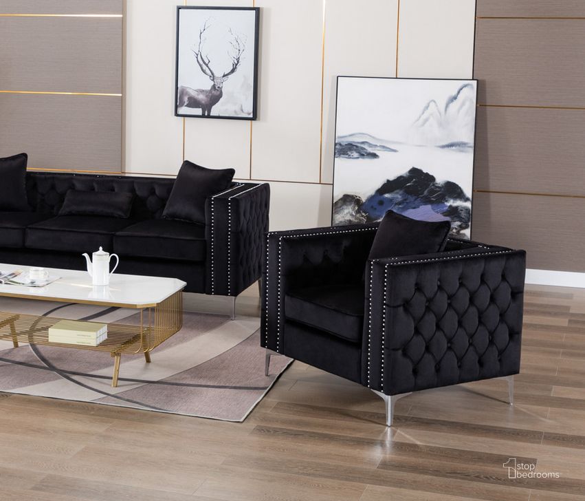The appearance of Lorreto Black Velvet Chair designed by Lilola Home in the transitional interior design. This black piece of furniture  was selected by 1StopBedrooms from Lorreto Collection to add a touch of cosiness and style into your home. Sku: 89714-C. Material: Wood. Product Type: Living Room Chair. Image1