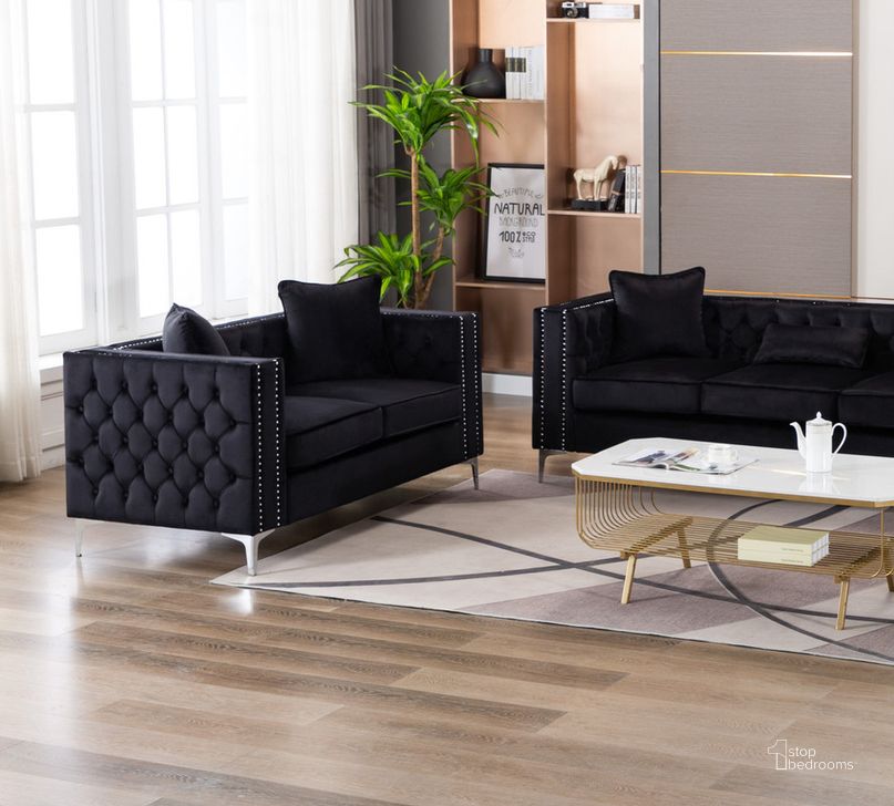 The appearance of Lorreto Black Velvet Loveseat designed by Lilola Home in the transitional interior design. This black piece of furniture  was selected by 1StopBedrooms from Lorreto Collection to add a touch of cosiness and style into your home. Sku: 89714-L. Material: Wood. Product Type: Loveseat. Image1