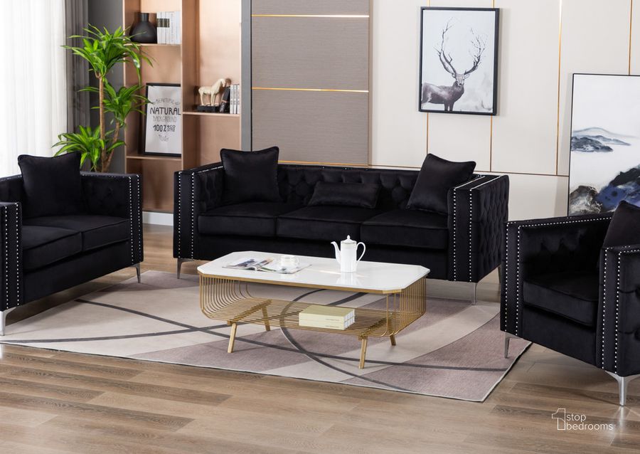 The appearance of Lorreto Black Velvet Sofa designed by Lilola Home in the transitional interior design. This black piece of furniture  was selected by 1StopBedrooms from Lorreto Collection to add a touch of cosiness and style into your home. Sku: 89714-S. Material: Wood. Product Type: Sofa. Image1