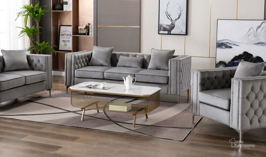 The appearance of Lorreto Gray Velvet Sofa designed by Lilola Home in the transitional interior design. This gray piece of furniture  was selected by 1StopBedrooms from Lorreto Collection to add a touch of cosiness and style into your home. Sku: 89715-S. Material: Wood. Product Type: Sofa. Image1