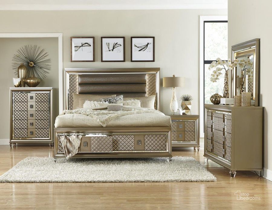 The appearance of Loudon Champagne Metallic Storage Platform Bedroom Set designed by Homelegance in the modern / contemporary interior design. This gold piece of furniture  was selected by 1StopBedrooms from Loudon Collection to add a touch of cosiness and style into your home. Sku: 1515-1;1515-2;1515-3;1515-4. Bed Type: Platform Bed. Material: Wood. Product Type: Platform Bed. Bed Size: Queen. Image1