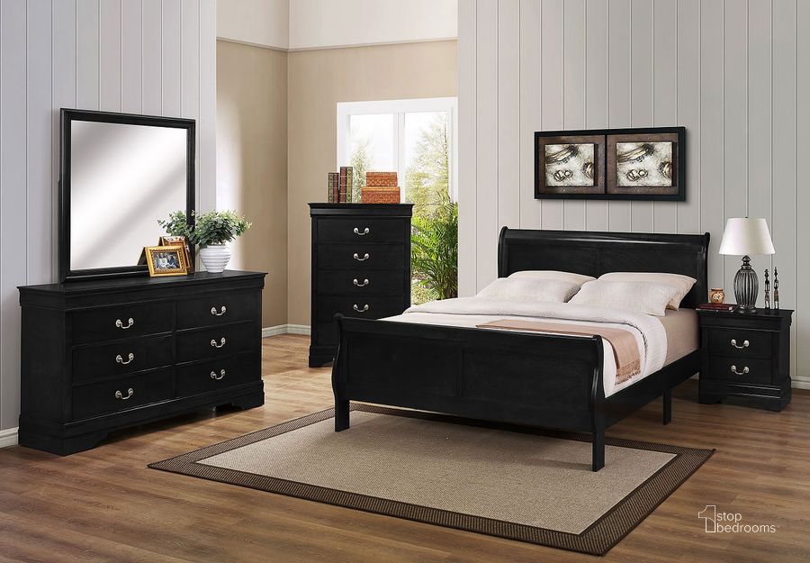 The appearance of Louis Philip Sleigh Bedroom Set (Black) designed by Crown Mark in the transitional interior design. This black piece of furniture  was selected by 1StopBedrooms from Louis Philip Collection to add a touch of cosiness and style into your home. Sku: B3950-Q-HBFB;B3950-Q-RAIL;B3950-2. Bed Type: Sleigh Bed. Material: Wood. Product Type: Sleigh Bed. Bed Size: Queen. Image1