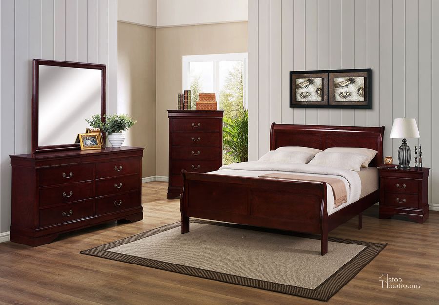 The appearance of Louis Philip Sleigh Bedroom Set (Cherry) designed by Crown Mark in the traditional interior design. This cherry piece of furniture  was selected by 1StopBedrooms from Louis Philip Collection to add a touch of cosiness and style into your home. Sku: B3850-Q-HBFB;B3850-Q-RAIL;B3850-2. Bed Type: Sleigh Bed. Material: Wood. Product Type: Sleigh Bed. Bed Size: Queen. Image1
