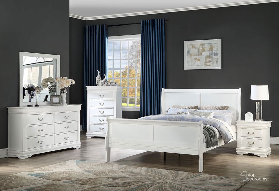 The appearance of Louis Philip Sleigh Bedroom Set (White) designed by Crown Mark in the transitional interior design. This white piece of furniture  was selected by 1StopBedrooms from Louis Philip Collection to add a touch of cosiness and style into your home. Sku: B3650-Q-HBFB;B3650-Q-RAIL;B3650-2. Bed Type: Sleigh Bed. Material: Wood. Product Type: Sleigh Bed. Bed Size: Queen. Image1