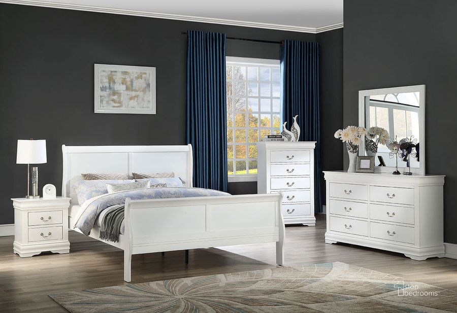 The appearance of Louis Philip Youth Sleigh Bedroom Set (White) designed by Crown Mark in the transitional interior design. This white piece of furniture  was selected by 1StopBedrooms from Louis Philip Collection to add a touch of cosiness and style into your home. Sku: B3650-T-HBFB;B3650-T-RAIL;B3650-2. Bed Type: Sleigh Bed. Material: Wood. Product Type: Sleigh Bed. Bed Size: Twin. Image1