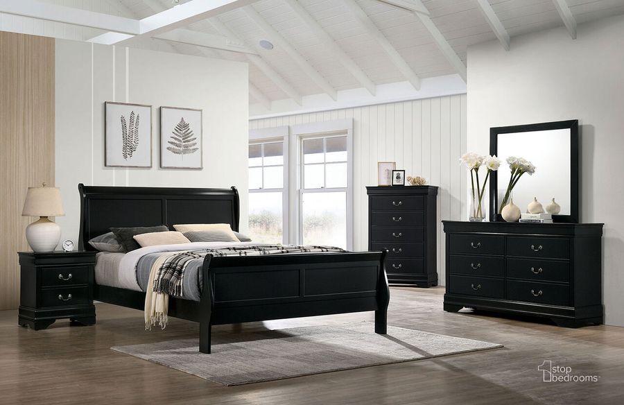 The appearance of Louis Philippe Eastern King Bed In Black designed by Furniture of America in the transitional interior design. This black piece of furniture  was selected by 1StopBedrooms from Louis Philippe Collection to add a touch of cosiness and style into your home. Sku: CM7966BK-EK-HBFB;CM7966BK-EK-R. Bed Type: Sleigh Bed. Material: Wood. Product Type: Sleigh Bed. Bed Size: King. Image1