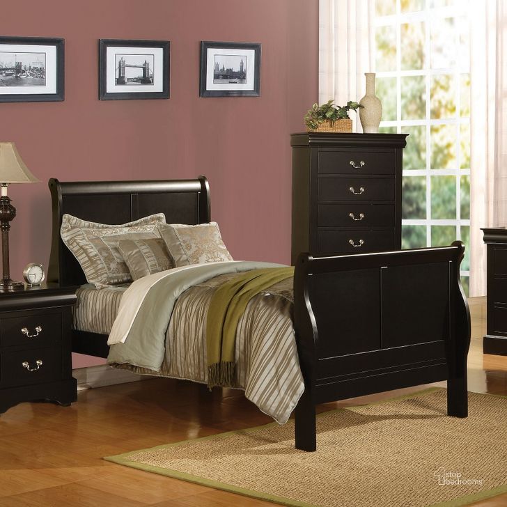 The appearance of Louis Philippe Iii Black Twin Sleigh Bed designed by ACME in the transitional interior design. This black piece of furniture  was selected by 1StopBedrooms from Louis Phillipe III Collection to add a touch of cosiness and style into your home. Sku: 19510T-HF;19511T-R. Bed Type: Sleigh Bed. Material: Wood. Product Type: Sleigh Bed. Bed Size: Twin. Image1