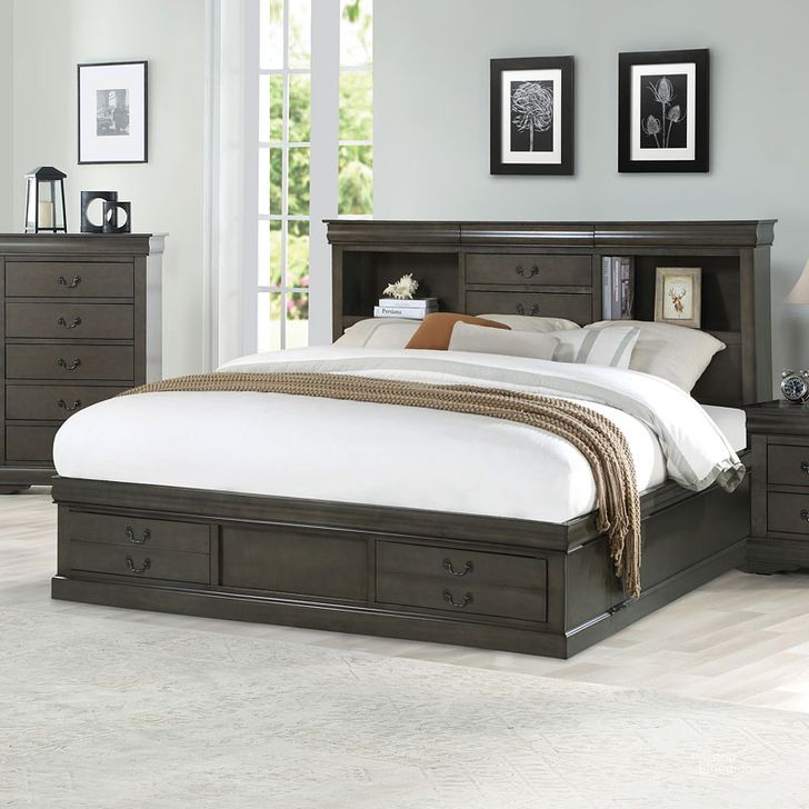 The appearance of Louis Philippe III Bookcase Bed (Dark Gray) (Queen) designed by ACME in the transitional interior design. This dark gray piece of furniture  was selected by 1StopBedrooms from Louis Philippe Iii Collection to add a touch of cosiness and style into your home. Sku: 24930Q-HB;24931Q-FB;24932Q-R. Bed Type: Storage Bed. Material: Wood. Product Type: Storage Bed. Bed Size: Queen. Image1