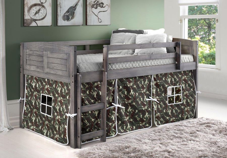 The appearance of Louver Low Loft Antique Grey W/ Camo Tent Kit designed by DONCO kids in the modern / contemporary interior design. This antique grey piece of furniture  was selected by 1StopBedrooms from  to add a touch of cosiness and style into your home. Sku: 790-AAG_750C-TC. Material: Wood. Product Type: Loft Bed. Bed Size: Twin. Bed Type: Loft Bed. Image1