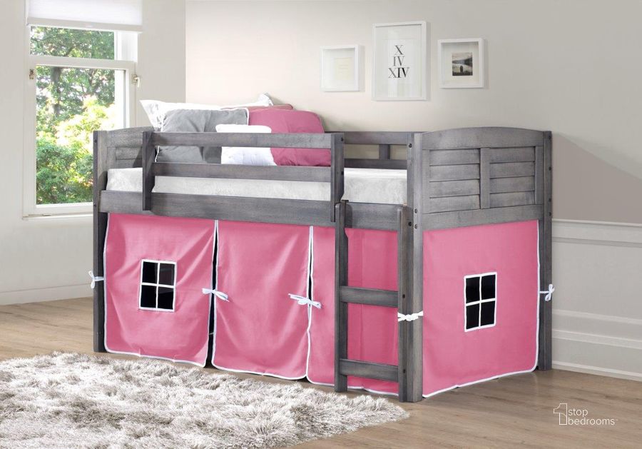 The appearance of Louver Low Loft Antique Grey W/ Pink Tent Kit designed by DONCO kids in the modern / contemporary interior design. This grey and pink piece of furniture  was selected by 1StopBedrooms from  to add a touch of cosiness and style into your home. Sku: 790-AAG_750C-TP. Material: Wood. Product Type: Loft Bed. Bed Size: Twin. Bed Type: Loft Bed. Image1