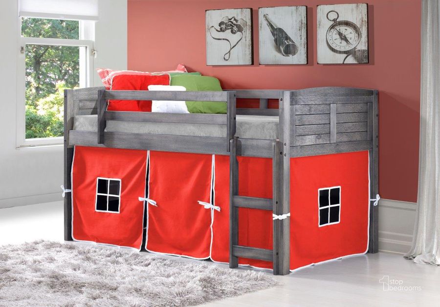 The appearance of Louver Low Loft Antique Grey W/ Red Tent Kit designed by DONCO kids in the modern / contemporary interior design. This grey and red piece of furniture  was selected by 1StopBedrooms from  to add a touch of cosiness and style into your home. Sku: 790-AAG_750C-TR. Material: Wood. Product Type: Loft Bed. Bed Size: Twin. Bed Type: Loft Bed. Image1