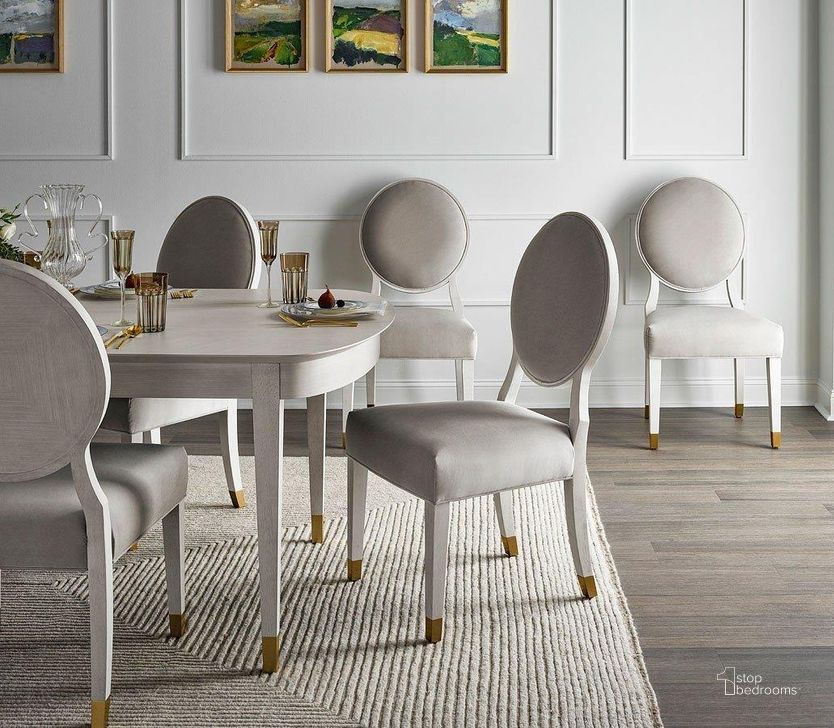 The appearance of Love. Joy. Bliss. Marion Dining Room Set With Oval Back Chairs designed by Universal in the modern / contemporary interior design. This alabaster piece of furniture  was selected by 1StopBedrooms from Love Joy Bliss Collection to add a touch of cosiness and style into your home. Sku: 956A653;956A636P-RTA. Table Base Style: Legs. Product Type: Dining Room Set. Table Top Shape: Rectangular. Material: Alabaster. Image1