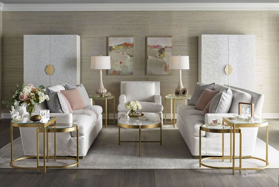 The appearance of Love Joy Bliss Soft Gold Metal Editorial Occasional Table Set designed by Universal in the transitional interior design. This gold piece of furniture  was selected by 1StopBedrooms from  to add a touch of cosiness and style into your home. Sku: 956C801;956C802. Product Type: Occasional Table Set. Image1