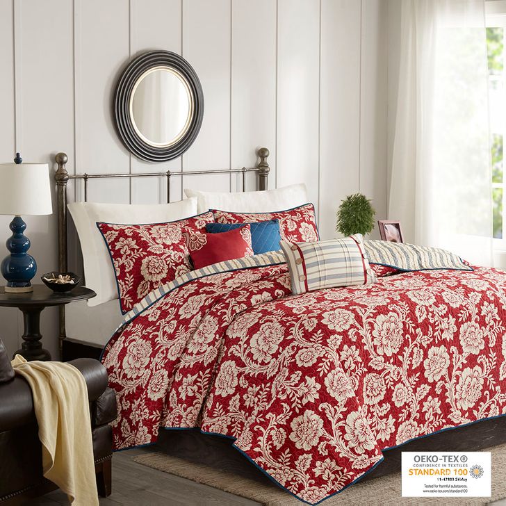 The appearance of Lucy 6 Piece Cotton Twill Reversible King Coverlet Set In Red designed by Olliix in the country / farmhouse interior design. This red piece of furniture  was selected by 1StopBedrooms from Lucy Collection to add a touch of cosiness and style into your home. Sku: MP13-5018. Bed Size: King. Material: Cotton. Product Type: Coverlet Set. Image1