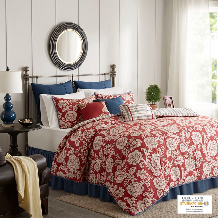 The appearance of Lucy Cotton Twill Printed 9Pcs King Comforter Set In Red designed by Olliix in the country / farmhouse interior design. This red piece of furniture  was selected by 1StopBedrooms from Lucy Collection to add a touch of cosiness and style into your home. Sku: MP10-3661. Material: Polyester. Bed Size: King. Product Type: Comforter Set. Image1