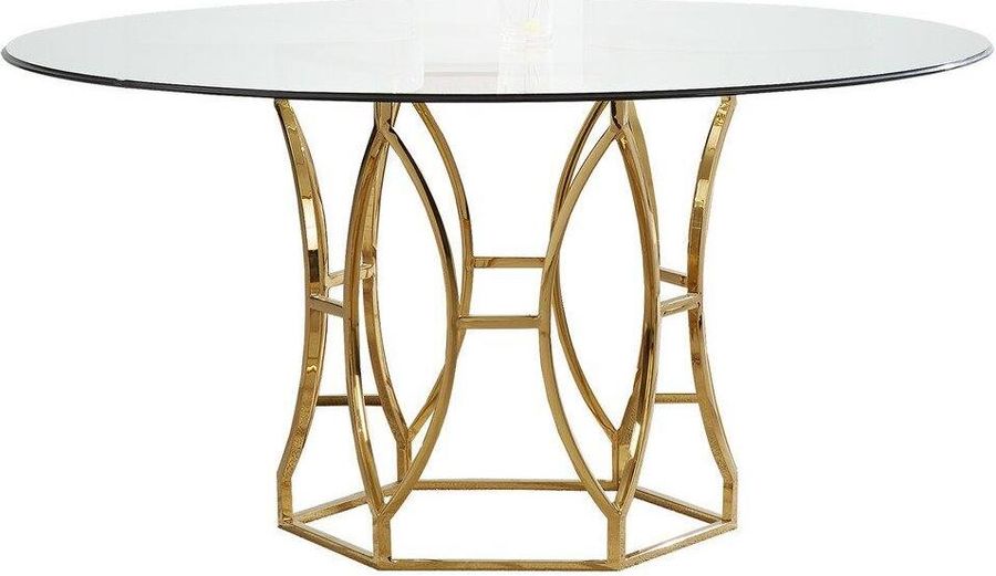 The appearance of Luna 54 Inch Stainless Steel And Glass Round Dining Table In Gold designed by Best Master Furniture in the modern / contemporary interior design. This gold piece of furniture  was selected by 1StopBedrooms from Luna Collection to add a touch of cosiness and style into your home. Sku: GW119GT54. Table Base Style: Pedestal. Table Top Shape: Round. Material: Glass. Product Type: Dining Table. Size: 54". Image1