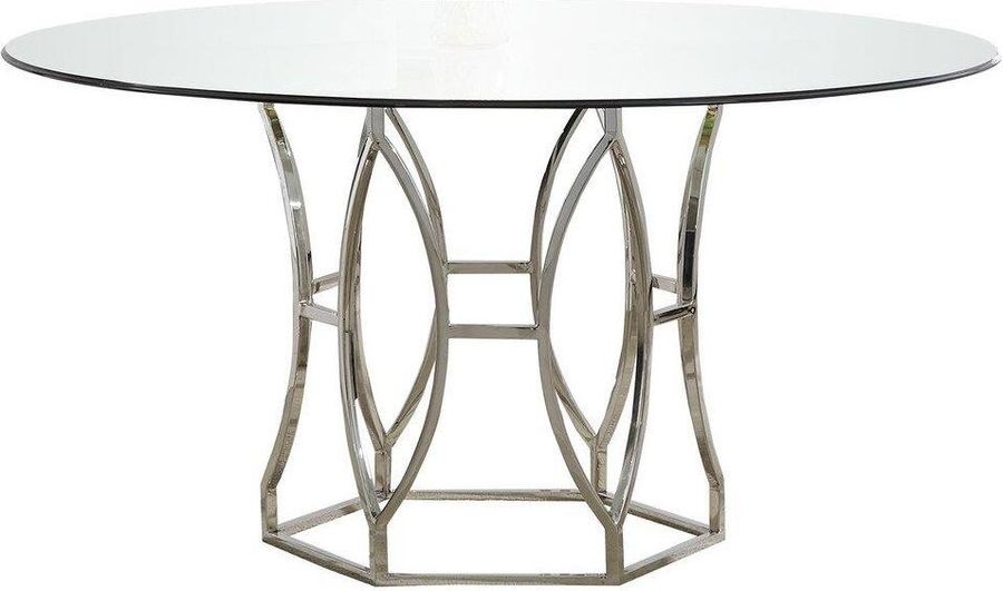 The appearance of Luna 54 Inch Stainless Steel And Glass Round Dining Table In Silver designed by Best Master Furniture in the modern / contemporary interior design. This silver piece of furniture  was selected by 1StopBedrooms from Luna Collection to add a touch of cosiness and style into your home. Sku: GW119ST54. Table Base Style: Pedestal. Table Top Shape: Round. Material: Glass. Product Type: Dining Table. Size: 54". Image1