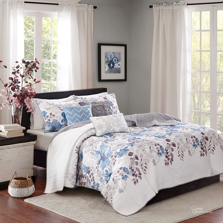 The appearance of Luna Polyester Microfiber Printed 6Pcs Queen Coverlet Set In Blue designed by Olliix in the transitional interior design. This blue piece of furniture  was selected by 1StopBedrooms from Luna Collection to add a touch of cosiness and style into your home. Sku: MP13-2120. Material: Polyester. Bed Size: Queen. Product Type: Coverlet Set. Image1
