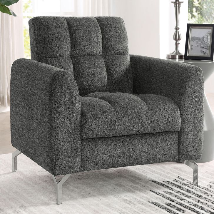 The appearance of Lupin Chair In Dark Gray designed by Furniture of America in the modern / contemporary interior design. This dark gray piece of furniture  was selected by 1StopBedrooms from Lupin Collection to add a touch of cosiness and style into your home. Sku: CM6259DG-CH. Product Type: Chair. Material: Chenille. Image1