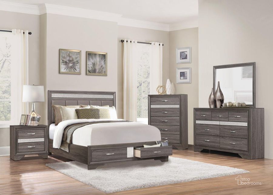 The appearance of Luster Gray And Silver Glitter Upholstered Storage Platform Bedroom Set designed by Homelegance in the transitional interior design. This silver and grey piece of furniture  was selected by 1StopBedrooms from Luster Collection to add a touch of cosiness and style into your home. Sku: 1505-1;1505-3;1505-DW;1505-4. Bed Type: Platform Bed. Material: Wood. Product Type: Platform Bed. Bed Size: Queen. Image1