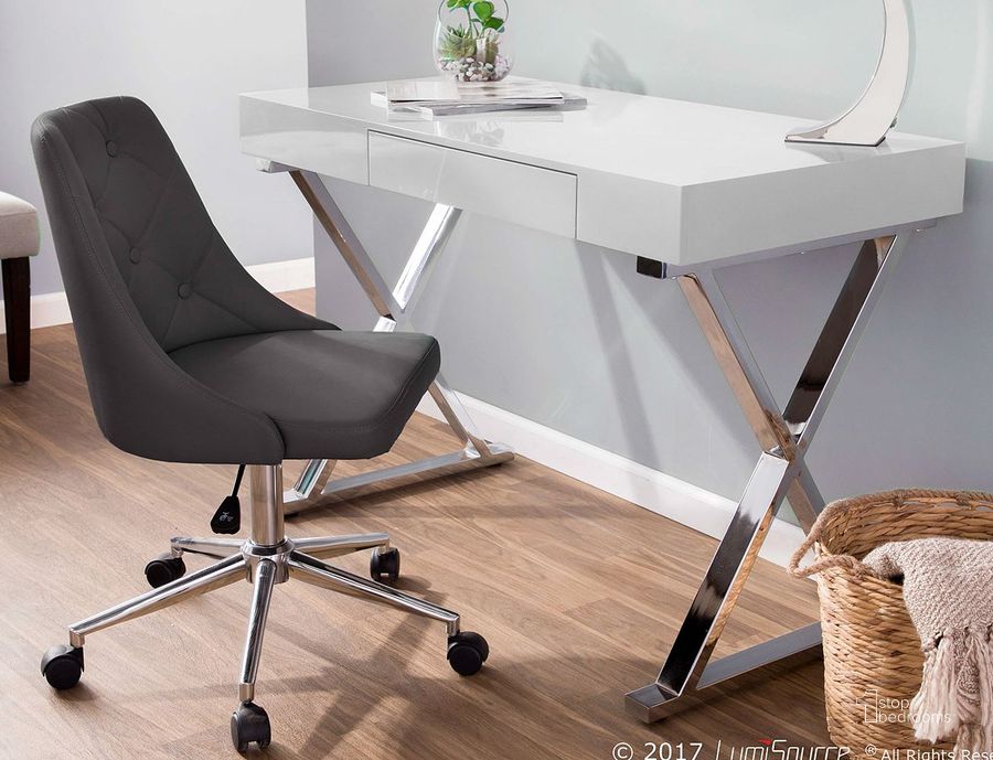 The appearance of Luster Home Office Set w/ Marche Chair (Grey) designed by Lumisource in the modern / contemporary interior design. This white piece of furniture  was selected by 1StopBedrooms from Luster Collection to add a touch of cosiness and style into your home. Sku: OFD-TM-LSTR W;OFC-MARCHE GY. Material: MDF. Product Type: Home Office Set. Image1