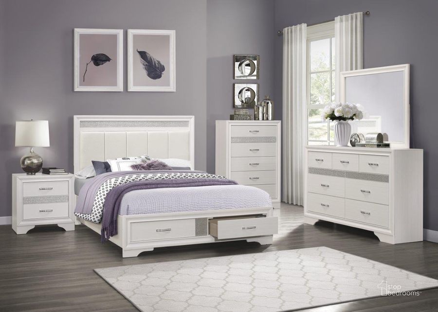 The appearance of Luster White And Silver Glitter Storage Platform Bedroom Set designed by Homelegance in the transitional interior design. This silver and white piece of furniture  was selected by 1StopBedrooms from Luster Collection to add a touch of cosiness and style into your home. Sku: 1505W-1;1505W-3;1505W-DW;1505W-4. Bed Type: Storage Bed. Material: Wood. Product Type: Storage Bed. Bed Size: Queen. Image1