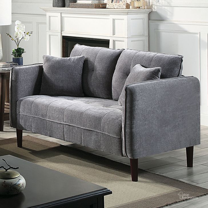 The appearance of Lynda Loveseat With Pillows In Dark Gray designed by Furniture of America in the modern / contemporary interior design. This dark gray piece of furniture  was selected by 1StopBedrooms from Lynda Collection to add a touch of cosiness and style into your home. Sku: CM6736DG-LV. Product Type: Loveseat. Material: Chenille. Image1