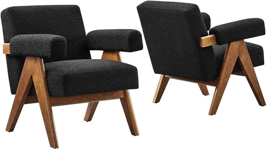 The appearance of Lyra Boucle Fabric Armchair Set of 2 In Black designed by Modway in the  interior design. This black piece of furniture  was selected by 1StopBedrooms from Lyra Collection to add a touch of cosiness and style into your home. Sku: EEI-6703-BLK. Product Type: Living Room Chair. Material: Rubberwood. Image1
