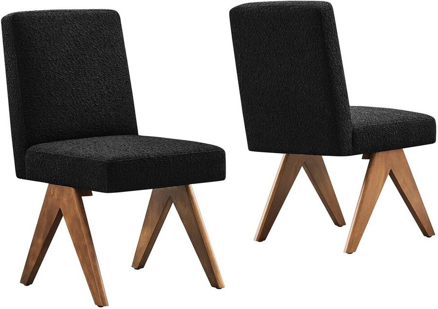 The appearance of Lyra Boucle Fabric Dining Room Side Chair Set of 2 In Black designed by Modway in the  interior design. This black piece of furniture  was selected by 1StopBedrooms from Lyra Collection to add a touch of cosiness and style into your home. Sku: EEI-6508-BLK. Product Type: Side Chair. Material: Rubberwood. Image1