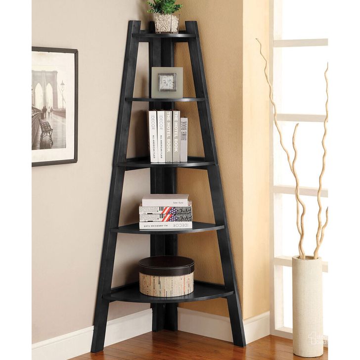 The appearance of Lyss Ladder Shelf In Black designed by Furniture of America in the transitional interior design. This black piece of furniture  was selected by 1StopBedrooms from Lyss Collection to add a touch of cosiness and style into your home. Sku: CM-AC6214BK. Material: Wood. Product Type: Etagere.