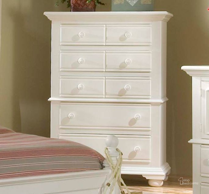 The appearance of Cottage Traditions White Five Drawer Chest designed by American Woodcrafters in the country / farmhouse interior design. This white piece of furniture  was selected by 1StopBedrooms from Chateau Collection to add a touch of cosiness and style into your home. Sku: 6510-150. Material: Wood. Product Type: Chest. Image1