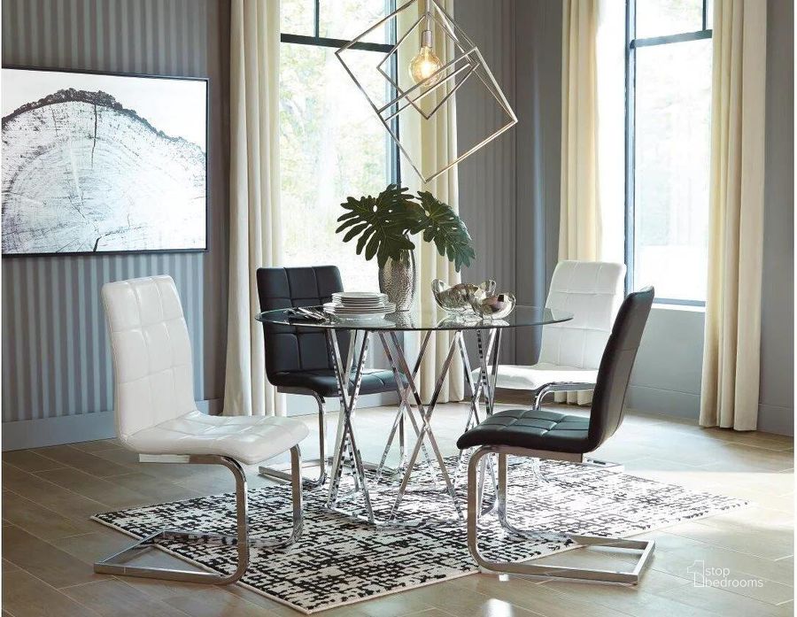 The appearance of Madanere Silver Round Dining Table designed by Signature Design by Ashley in the modern / contemporary interior design. This chrome piece of furniture  was selected by 1StopBedrooms from Madanere Collection to add a touch of cosiness and style into your home. Sku: D275-15. Table Base Style: Trestle. Table Top Shape: Round. Material: Glass. Product Type: Dining Table. Image1
