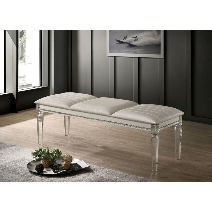 The appearance of Maddie Bench In Pearl White designed by Furniture of America in the modern / contemporary interior design. This pearl white piece of furniture  was selected by 1StopBedrooms from Maddie Collection to add a touch of cosiness and style into your home. Sku: CM7899BN. Material: Leather. Product Type: Bench. Image1