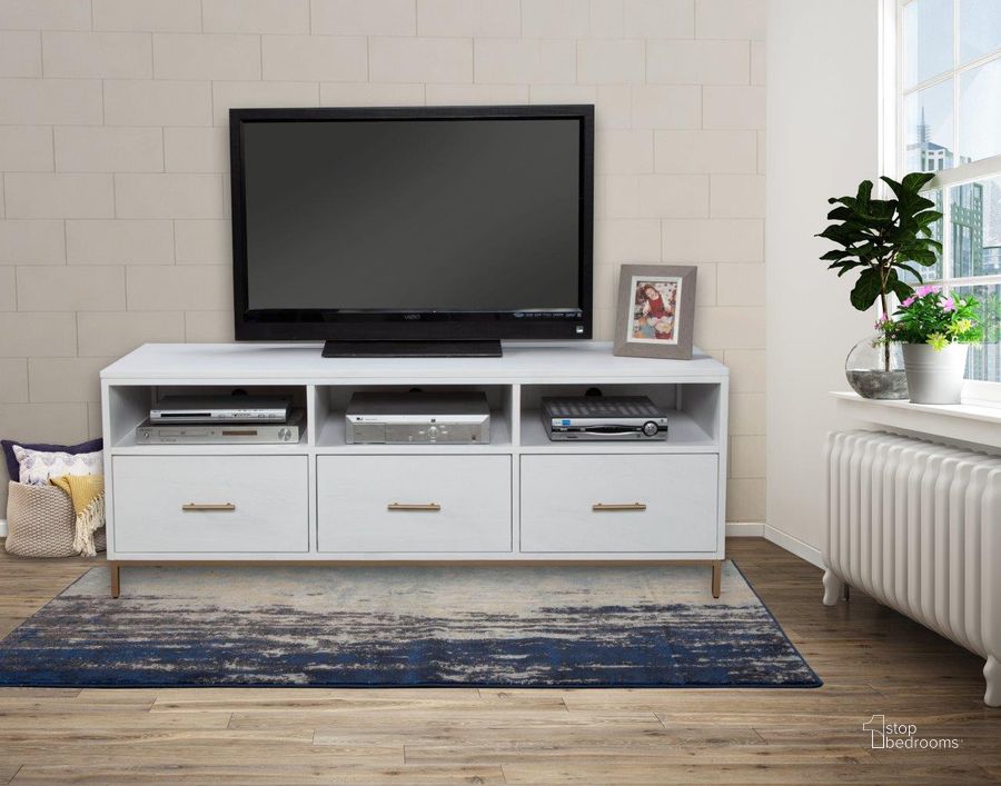 The appearance of Madelyn TV Console White designed by Alpine in the modern / contemporary interior design. This white piece of furniture  was selected by 1StopBedrooms from Madelyn Collection to add a touch of cosiness and style into your home. Sku: 2010-10. Product Type: TV Console. Material: Wood Veneer. Image1