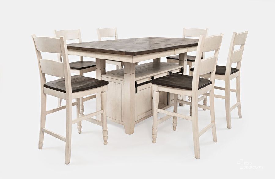 The appearance of Madison County Reclaimed Pine 72 Inch Farmhouse Counter Height Seven-Piece Dining Set In Vintage White designed by Jofran in the country / farmhouse interior design. This vintage white piece of furniture  was selected by 1StopBedrooms from Madison County Collection to add a touch of cosiness and style into your home. Sku: 1706-72C-7. Product Type: Dining Room Set. Material: Pine. Image1