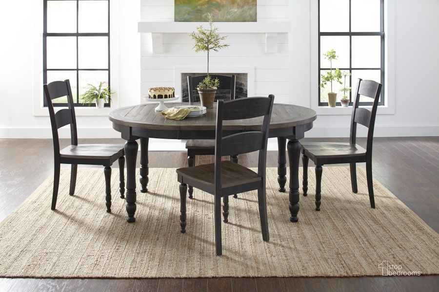 The appearance of Madison County Vintage Black Extendable Round Dining Room Set designed by Jofran in the rustic / southwestern interior design. This black and brown piece of furniture  was selected by 1StopBedrooms from Madison County Collection to add a touch of cosiness and style into your home. Sku: 1702-66;1702-401KD. Table Base Style: Legs. Table Top Shape: Round. Product Type: Dining Room Set. Material: Pine. Image1