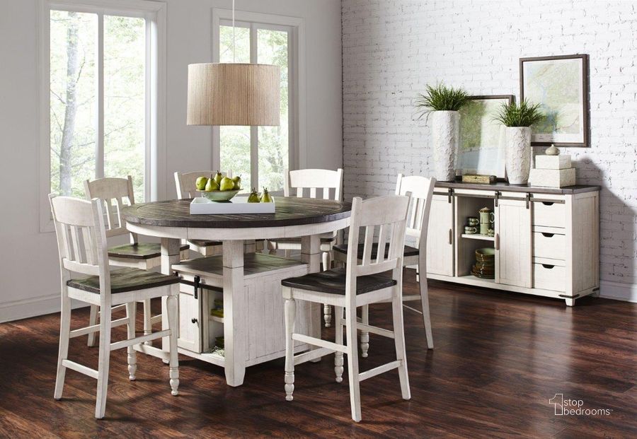 The appearance of Madison County Vintage White 54 Inch Adjustable Storage Dining Room Set designed by Jofran in the transitional interior design. This white piece of furniture  was selected by 1StopBedrooms from Madison County Collection to add a touch of cosiness and style into your home. Sku: 1706-54TBKT;1706-BS420KD. Table Base Style: Pedestal. Table Top Shape: Round. Product Type: Dining Room Set. Material: Pine. Image1