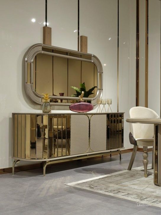 The appearance of Madrid Dining Room Console With Mirror In Gold designed by Furnia in the  interior design. This gold piece of furniture  was selected by 1StopBedrooms from Madrid Collection to add a touch of cosiness and style into your home. Sku: 115-MAD-CON+M. Material: Wood. Product Type: Dining Room Server. Image1