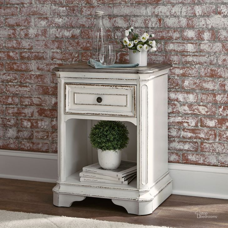 The appearance of Magnolia Manor 1 Drawer Night Stand In Antique White designed by Liberty in the traditional interior design. This antique white piece of furniture  was selected by 1StopBedrooms from Magnolia Manor Collection to add a touch of cosiness and style into your home. Sku: 244-BR62. Product Type: Nightstand. Material: Rubberwood. Image1