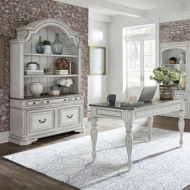 The appearance of Magnolia Manor 3 Piece Desk and Hutch Set In Antique White and Weathered Bark designed by Liberty in the traditional interior design. This antique white piece of furniture  was selected by 1StopBedrooms from Magnolia Manor Collection to add a touch of cosiness and style into your home. Sku: 244-HO107;244-HO121;244-HO131. Product Type: Desk. Material: Rubberwood. Image1