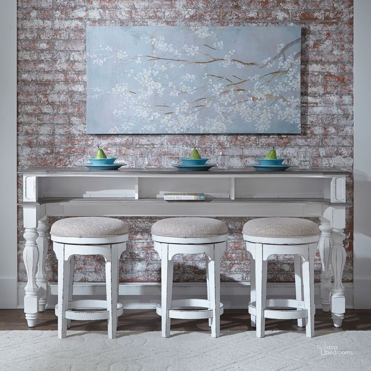 The appearance of Magnolia Manor 4 Piece Console Set With 1 Console and 3 Stools In Antique White and Weathered Bark designed by Liberty in the traditional interior design. This antique white piece of furniture  was selected by 1StopBedrooms from Magnolia Manor Collection to add a touch of cosiness and style into your home. Sku: 244-OT7636;244-OT9003;244-OT9003;244-OT9003. Product Type: Bar Set. Material: Rubberwood. Image1