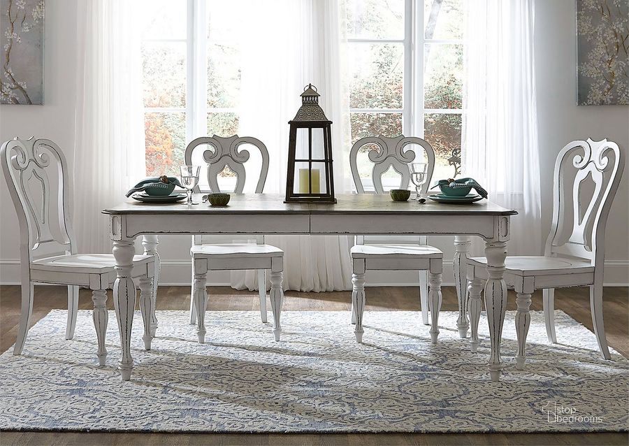 The appearance of Magnolia Manor 90 Inch Dining Room Set w/ Wood Chairs designed by Liberty in the traditional interior design. This antique white piece of furniture  was selected by 1StopBedrooms from Magnolia Manor Collection to add a touch of cosiness and style into your home. Sku: 244-T4490;244-C4000S. Material: Wood. Product Type: Dining Room Set. Table Top Shape: Rectangular. Image1