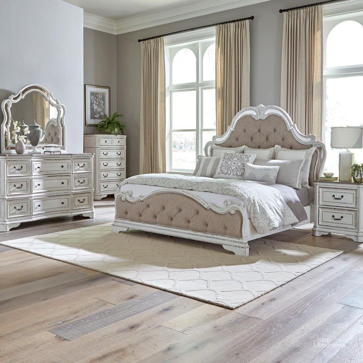 The appearance of Magnolia Manor Antique White And Weathered Bark Upholstered Panel Bedroom Set designed by Liberty in the traditional interior design. This antique white piece of furniture  was selected by 1StopBedrooms from Magnolia Manor Collection to add a touch of cosiness and style into your home. Sku: 244-BR90;244-BR14FU;244-BR13HUM;244-BR63. Bed Type: Panel Bed. Product Type: Panel Bed. Bed Size: Queen. Material: Rubberwood. Image1