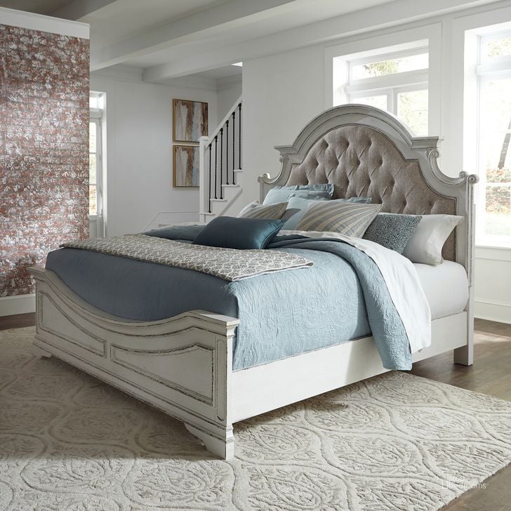The appearance of Magnolia Manor Antique White King Upholstered Panel Bed designed by Liberty in the transitional interior design. This antique white piece of furniture  was selected by 1StopBedrooms from Magnolia Manor Collection to add a touch of cosiness and style into your home. Sku: 244-BR15HU;244-BR16;244-BR90. Bed Type: Panel Bed. Material: Wood. Product Type: Panel Bed. Bed Size: King. Image1