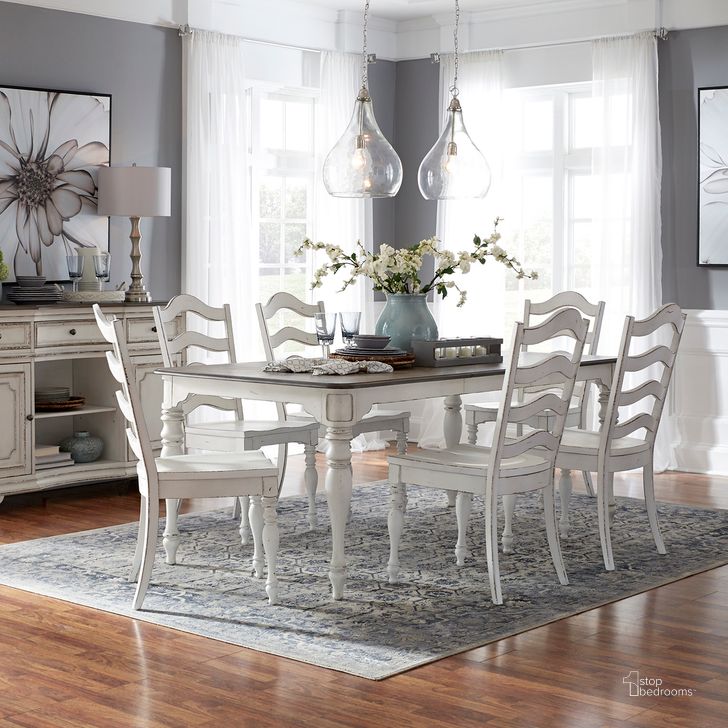 The appearance of Magnolia Manor Antique White Leg Extendable Dining Room Set designed by Liberty in the traditional interior design. This antique white piece of furniture  was selected by 1StopBedrooms from Magnolia Manor Collection to add a touch of cosiness and style into your home. Sku: 244-T4072;244-C2500S. Table Base Style: Legs. Product Type: Dining Room Set. Table Top Shape: Rectangular. Material: Rubberwood. Image1